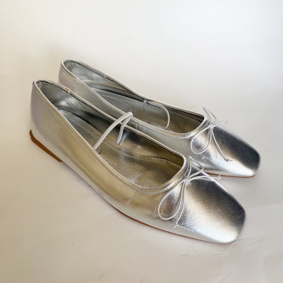 Zara Shoes - Zara Silver Metallic Square Toe Ballet Flats Balletcore Size 40